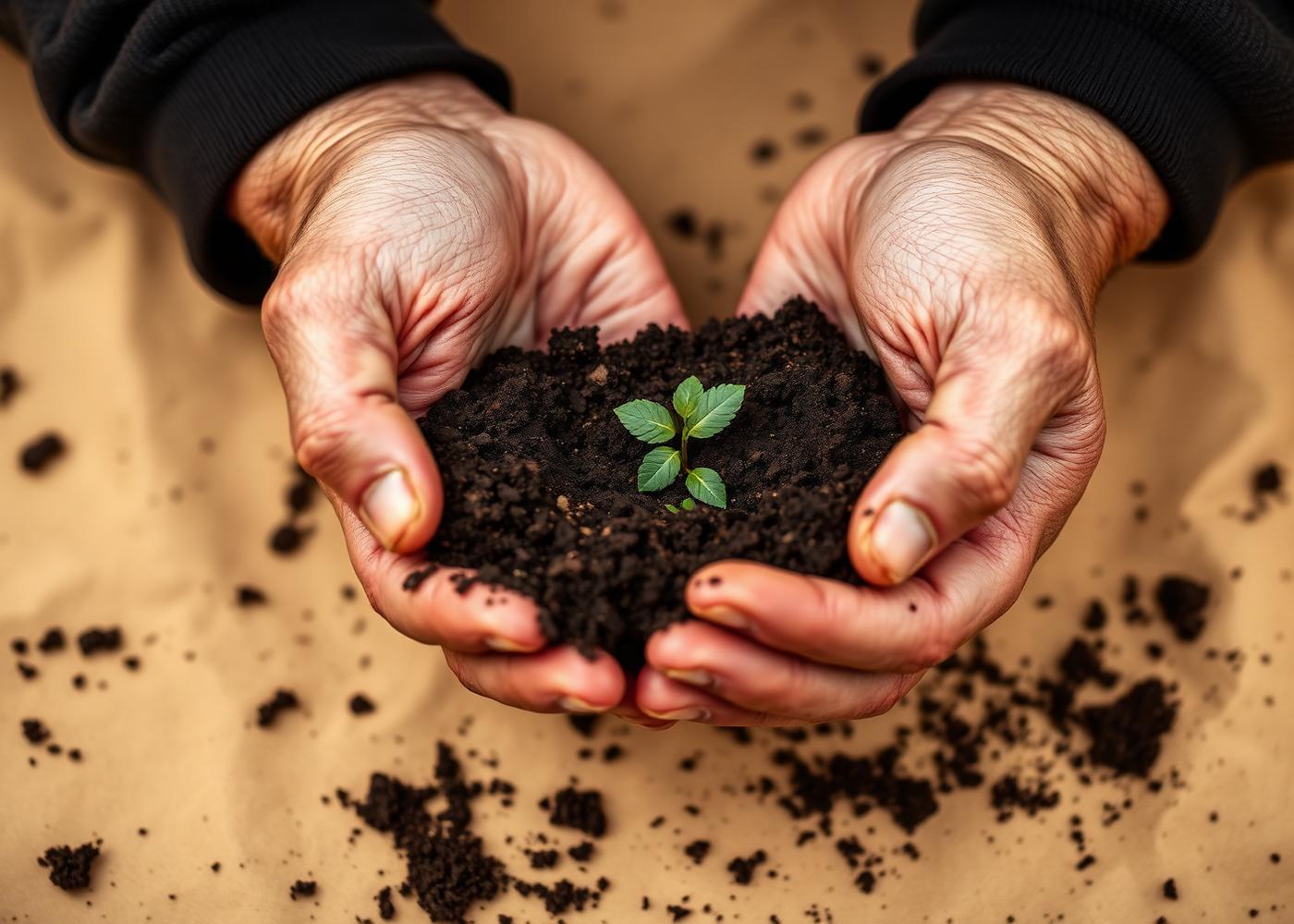 Hands holding rich soil with a young seedling