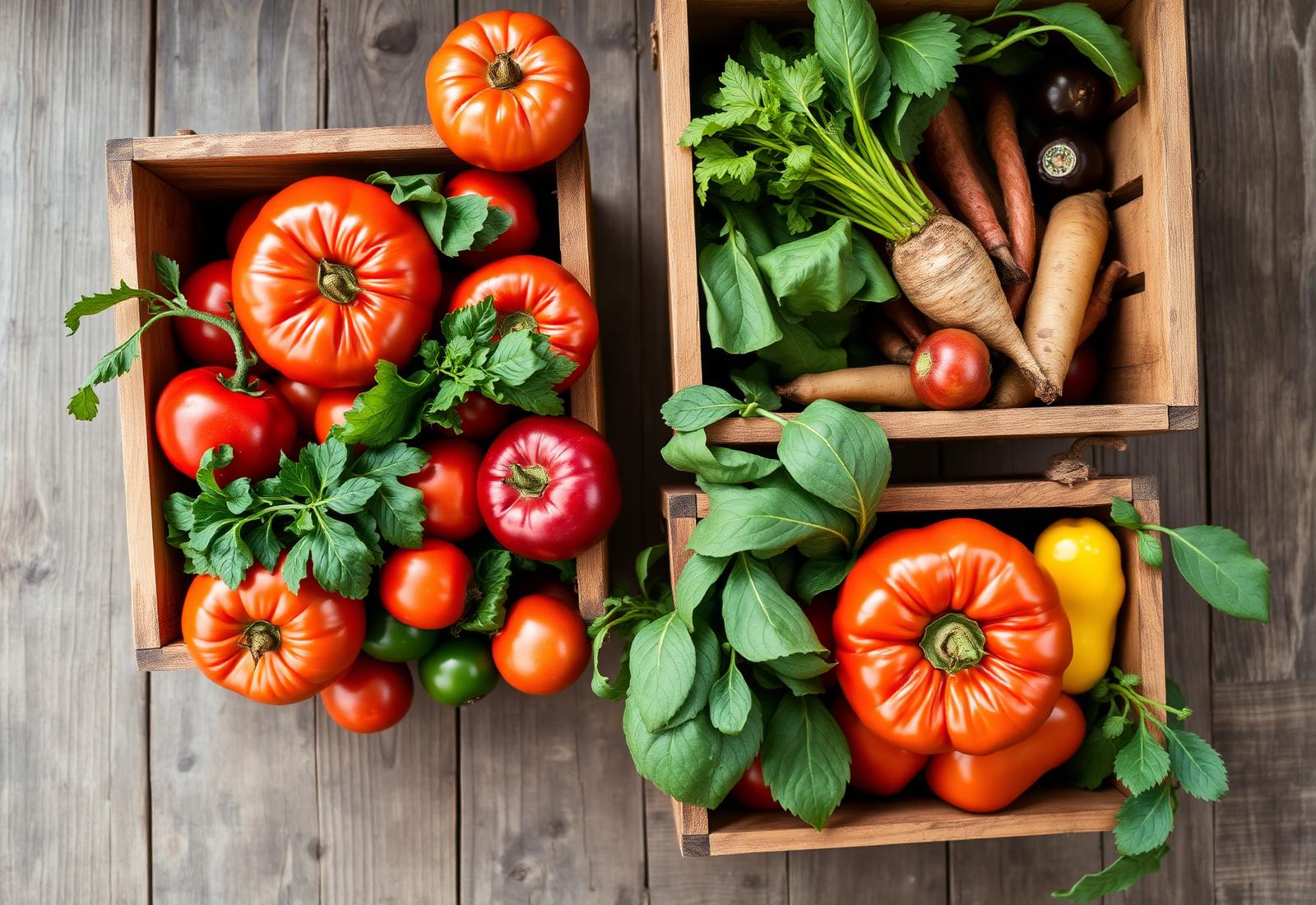 Heirloom vegetables in wooden crates on weathered wood